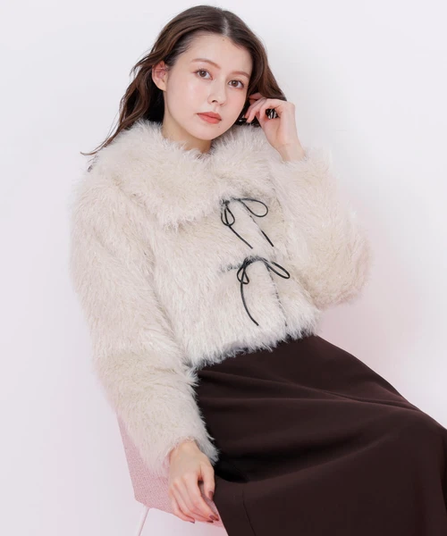 リボンダッフルショートファーコート