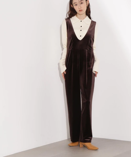 Vネックベロアサロペット