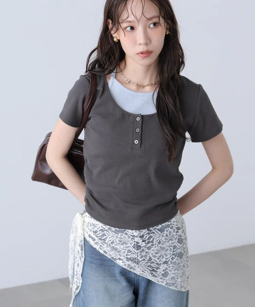 インナーレイヤードボーダーヘンリーネックTシャツ