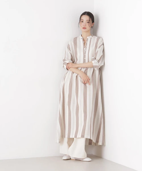 マシンウォッシャブルリネン混 スタンドカラーワンピース