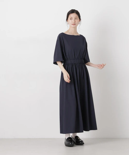 ウエストギャザーボートネックワンピース