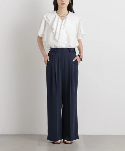 サイドベルトツイルタックワイドパンツ