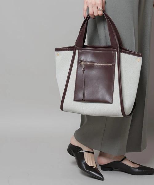 キャンバス×フェイクレザーポケットバッグ