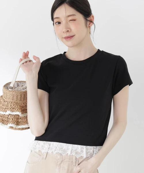【4/24～5/6 予約商品10%OFF対象】〈a/mie〉レースヘムTシャツ